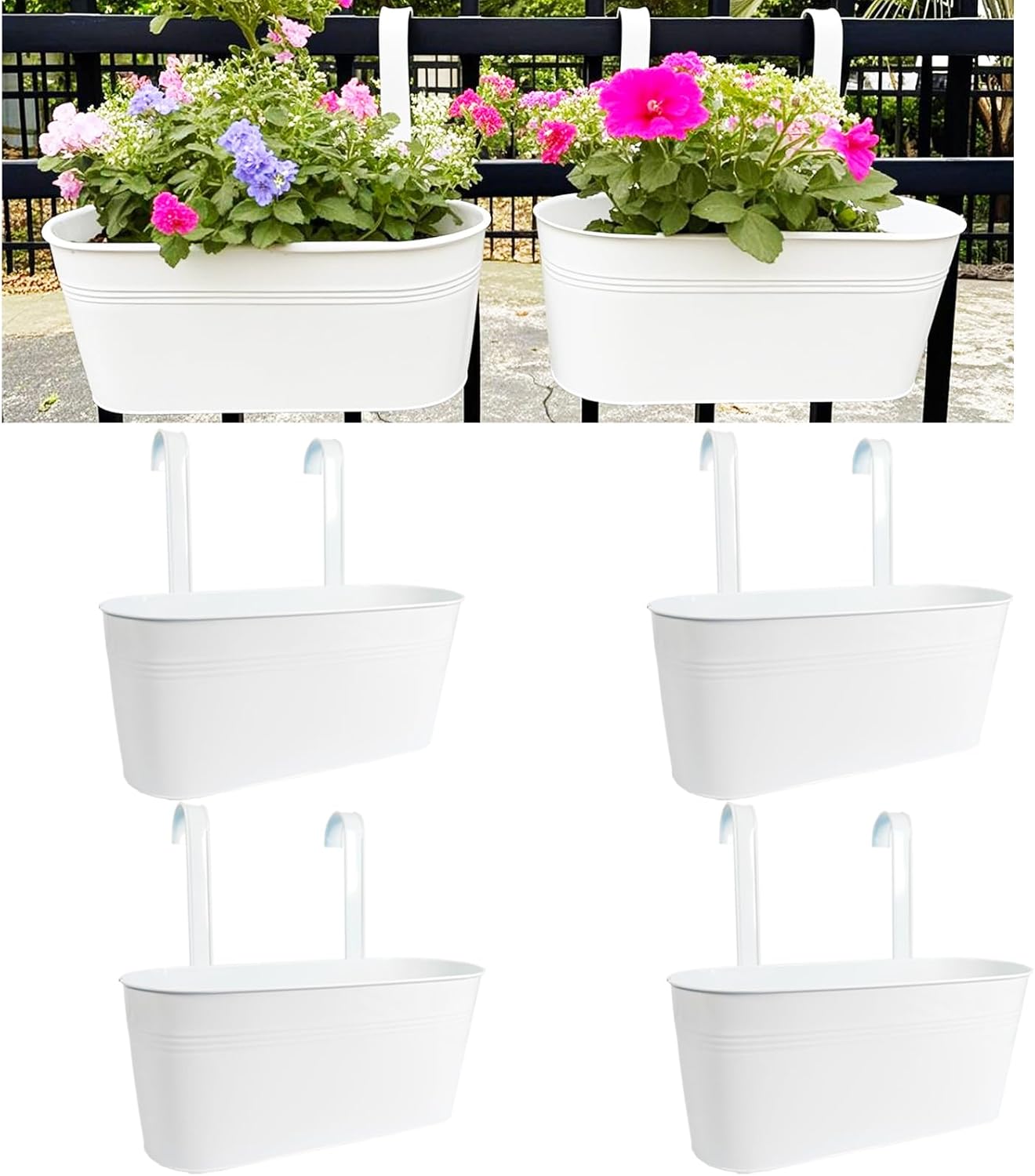 Hanging Planters for Outdoor Plants, 17" Railing Planter Pots, Metal Fence Flower Pot for Porch Balcony with Detachable Hook (White, Pack of 4)