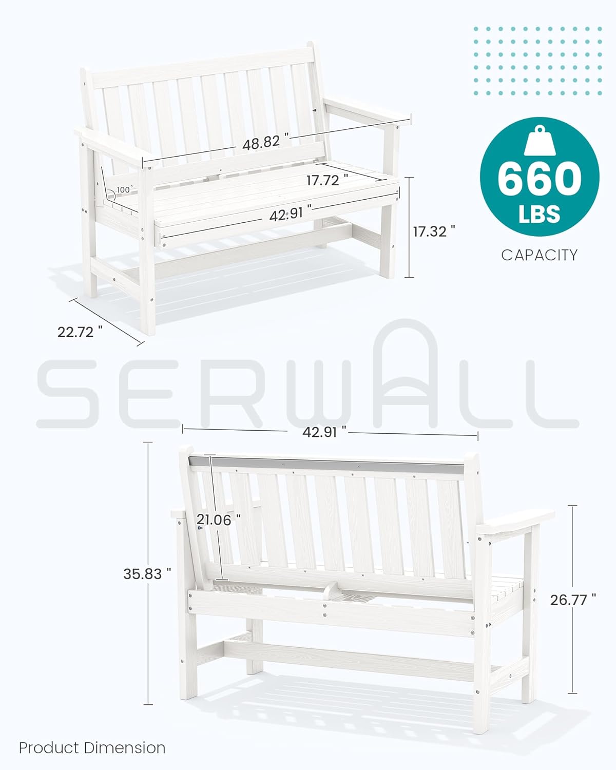 SERWALL Outdoor Bench, HDPE Outdoor Benches Weatherproof, 2-Person Garden Bench with 660 lbs Weight Capacity, Patio Benches for Outdoors, Garden, Porch, Backyard and Park, White, 2 Pack