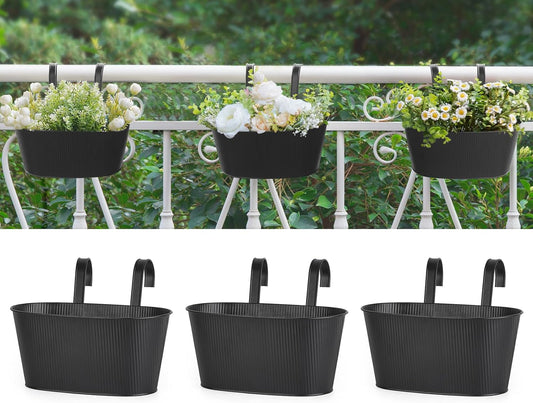 Mkono Metal Railing Planter Box 3 Pack Balcony Hanging Planter for Outdoor Plants with Detachable Hooks and Drain Holes Fence Planters for Any Balcony, Porch or Deck (3, Small)