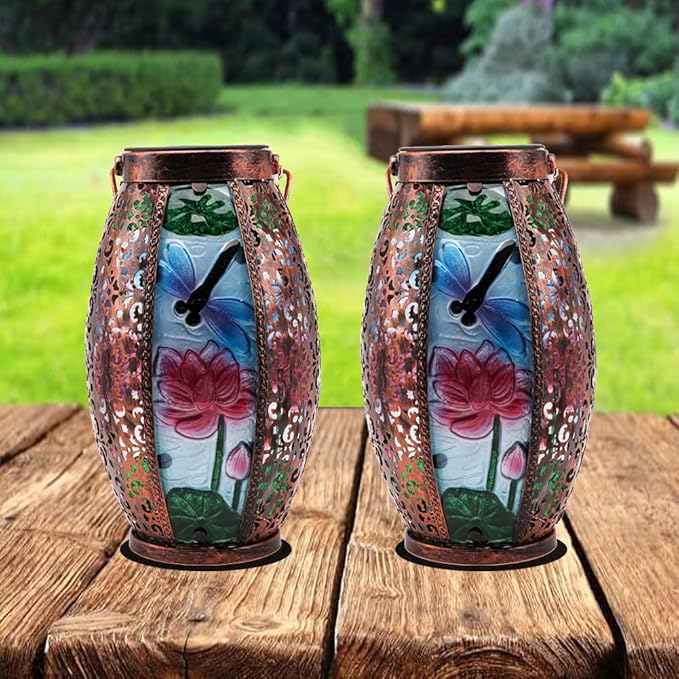 2PCS Dragonfly Solar Lanterns Glass & Metal Hanging Light Outdoor Waterproof 16" H Tabletop Lamp with Hollowed-Out Design with Shepherd's Hooks for Garden Patio Table Decor