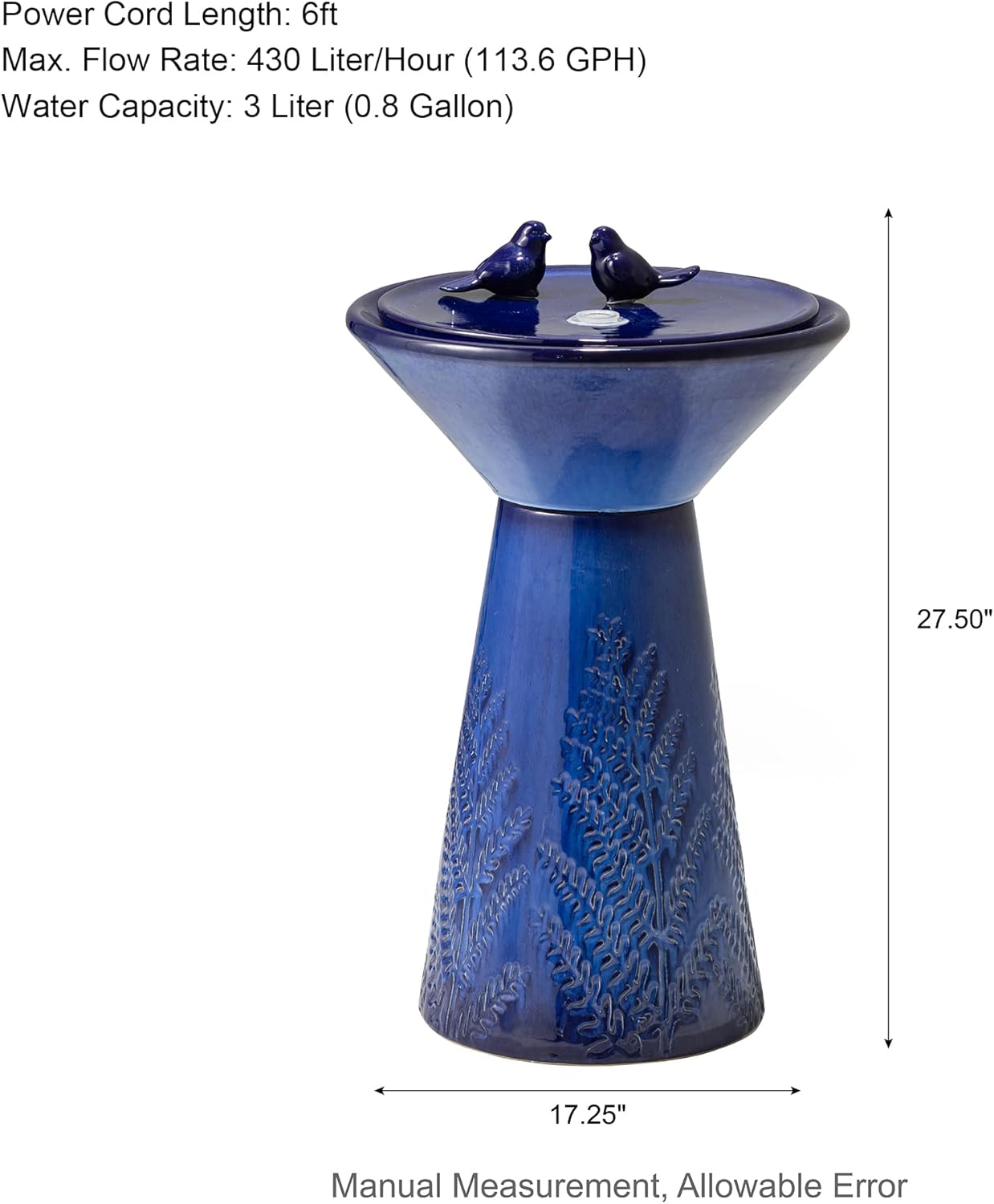 Glitzhome 27.5"H Outdoor Garden Water Fountain with LED Lights and Pump, Cobalt Blue Two Birds Embossed Plant Pattern Pedestal Ceramic Floor-Standing Fountain for Porch Deck Patio Backyard Decoration