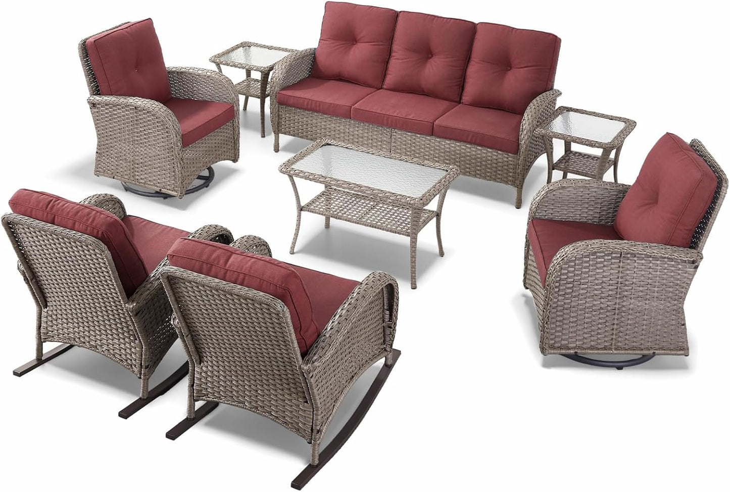 HUMMUH Outdoor Furniture-8 Piece Wicker Patio Furniture Set with Patio Swivel Chair Wicker Rattan Couch with Outdoor Rocking Chair Patio Conversation Set for Deck Lawn Porch Balcony Poolside-Grey/Red