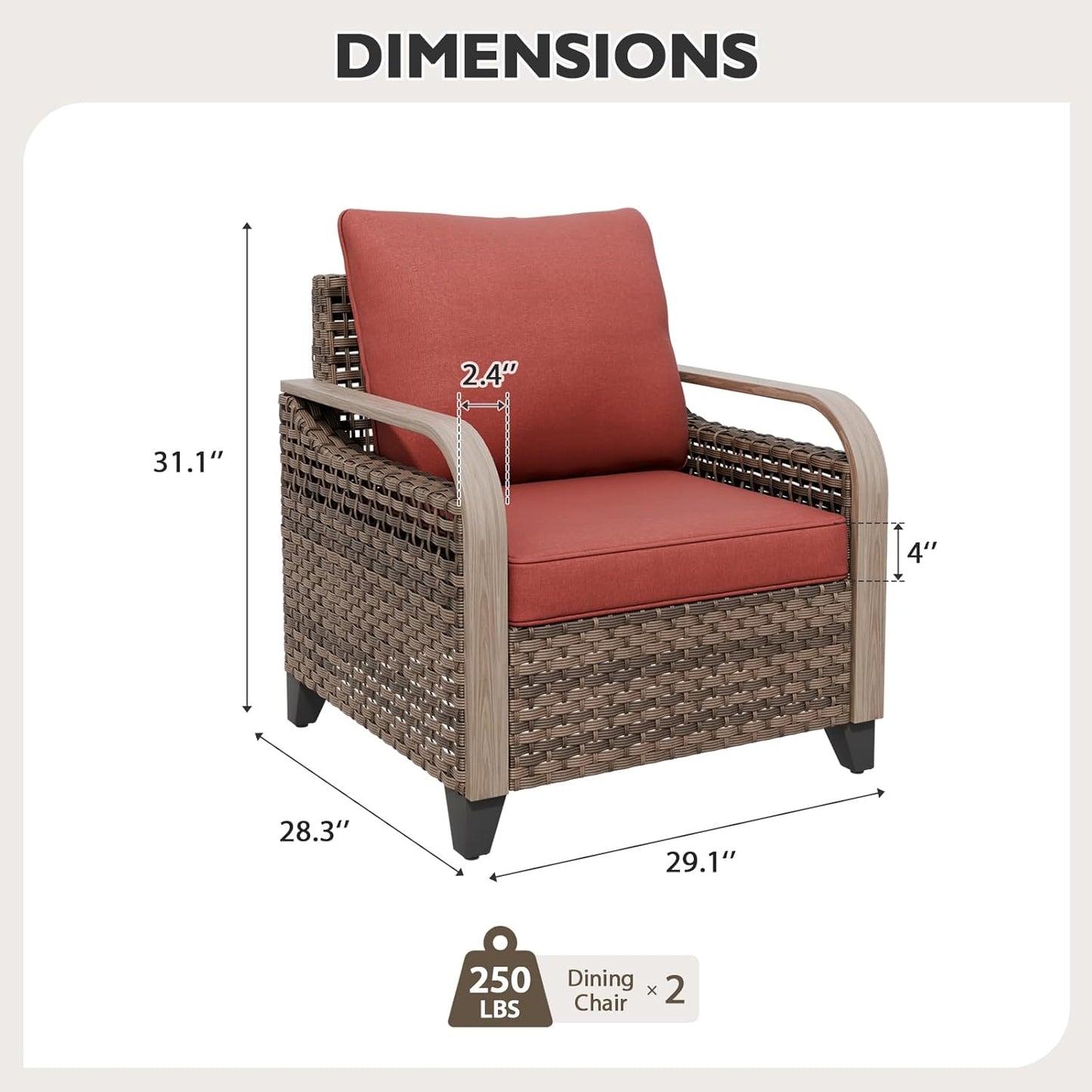 EAGLE PEAK Modern Wicker Outdoor Chair, Patio Chair Curved Armrest, Rattan Patio Furniture for Yard Deck Porch Garden, 2 Chairs, Brown/Red