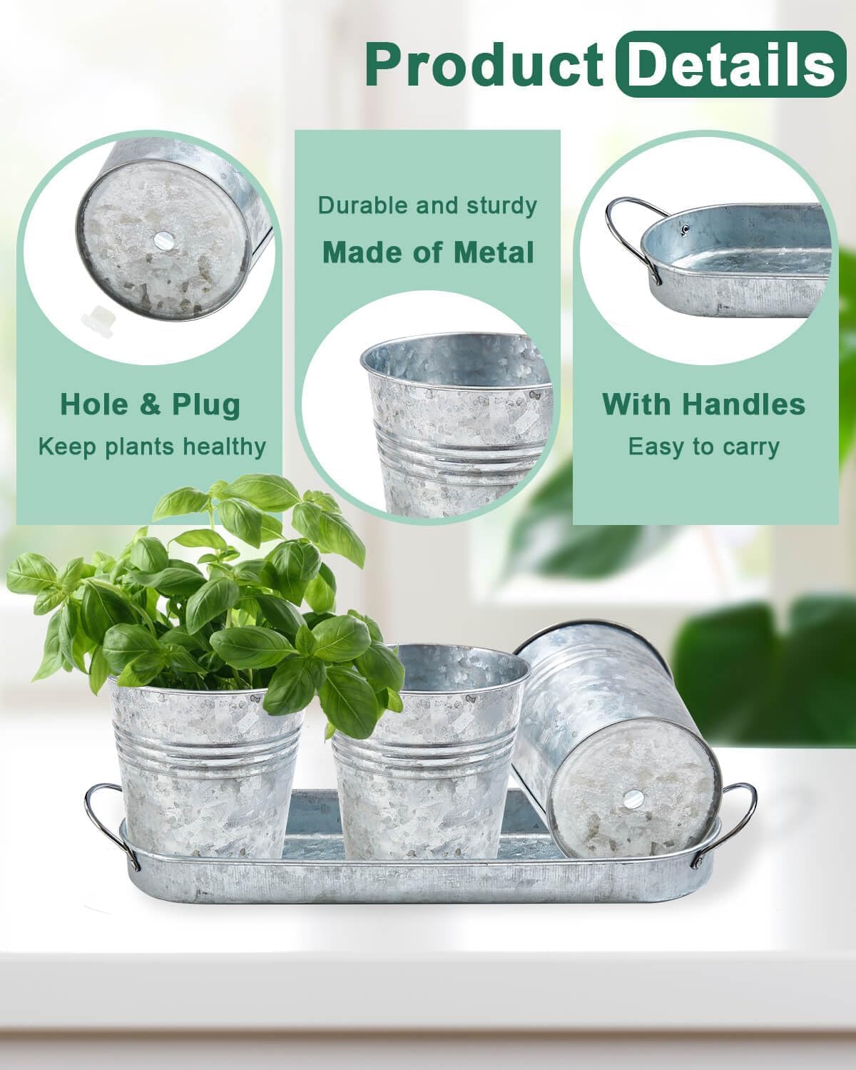 vensovo Indoor Herb Planter Set - Galvanized Windowsill Garden Pots with Tray & Drainage, Set of 3 Metal Window Planters for Kitchen & Outdoor Use, Silver