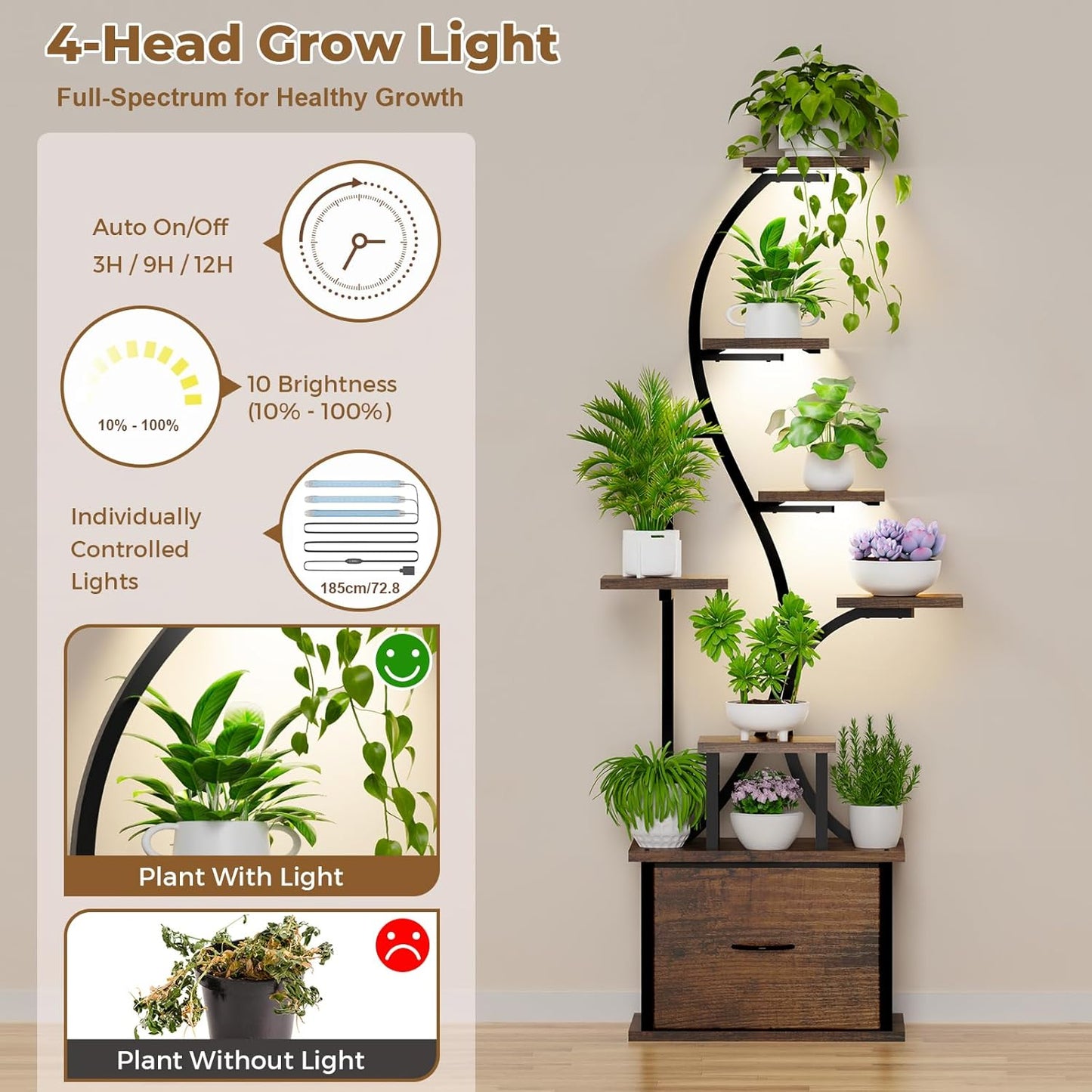 Plant Stand Indoor with Grow Lights - 8 Tiered Lighted Plant Shelf Indoor with Drawer, 65" Large Plant Stand for Indoor Plants Multiple, Metal Tall Plant Flower Holder for Home, Living Room, Patio