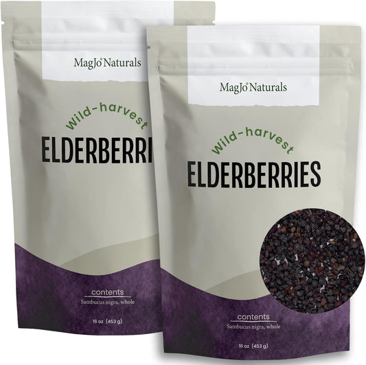 MagJo Dried Elderberries - 100% Wild crafted Dried Elder berries - 2lb Bulk - Non-Irradiated, Non-GMO, Whole Black Elderberry Immune Support - Raw Vegan Sambucus 2 Pack