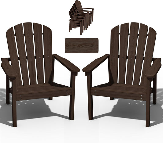Stackable Adirondack Chair Set of 2, HDPE Outdoor Patio Chair - Durable and Space Saving, Suitable for Porches, Lawns or Garden, Coffee