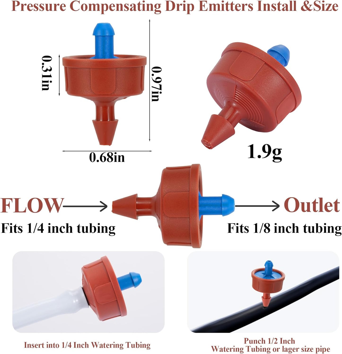 200Pcs 0.5 GPH Pressure Compensating Irrigation Spot Drippers,Constant Flow Barb Outlet Watering Dripper Emitters Heads Parts for 1/4 Inch Watering Tubing Line for Garden Pots Plant Irrigation Systems