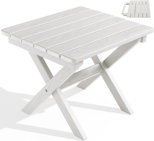 SERWALL Portable Folding Adirondack Side Table, HDPE Small Outdoor End Table, No Assembly Required, Weather-Resistant, 110 lbs Capacity, White