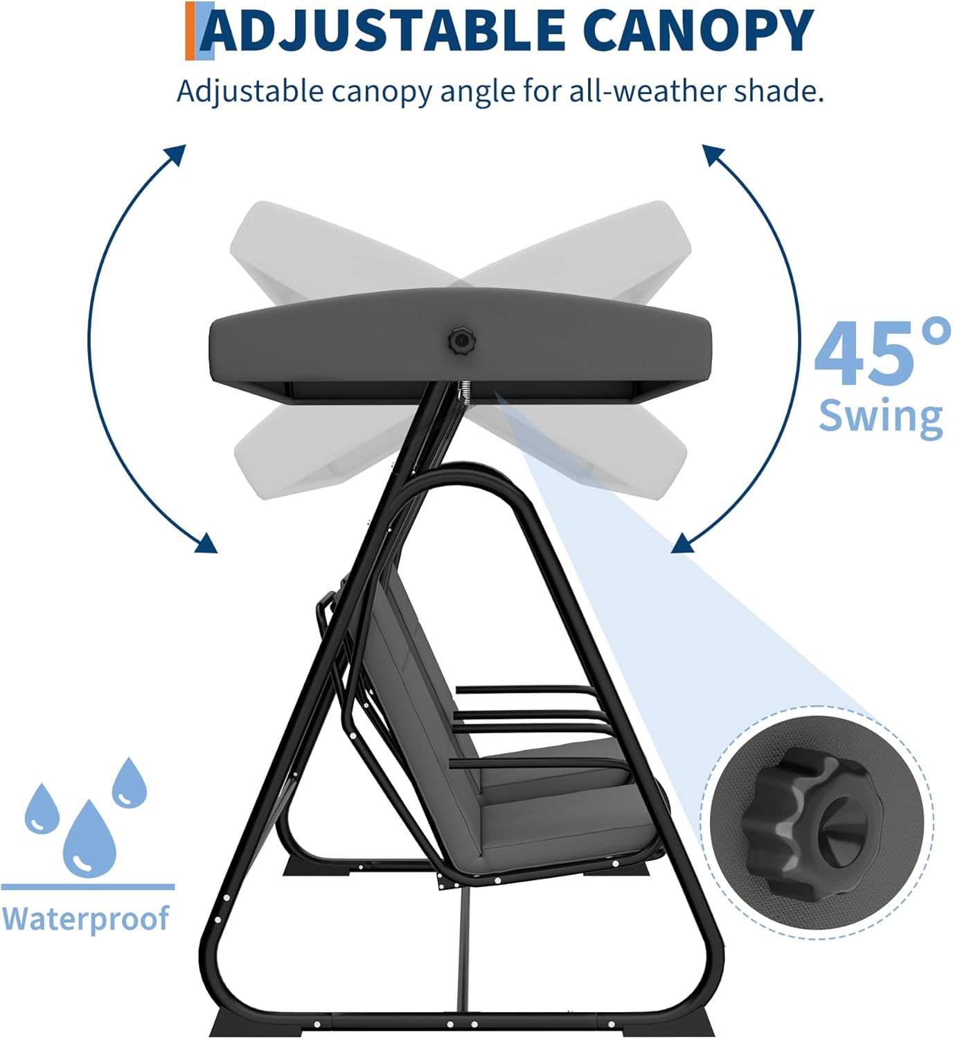 2 Person Outdoor Patio Swing Glider with Adjustable Canopy & Removable Cushions, Heavy-Duty Independent Porch Swing Chairs for Garden, Balcony, Poolside, Backyard – Dark Grey