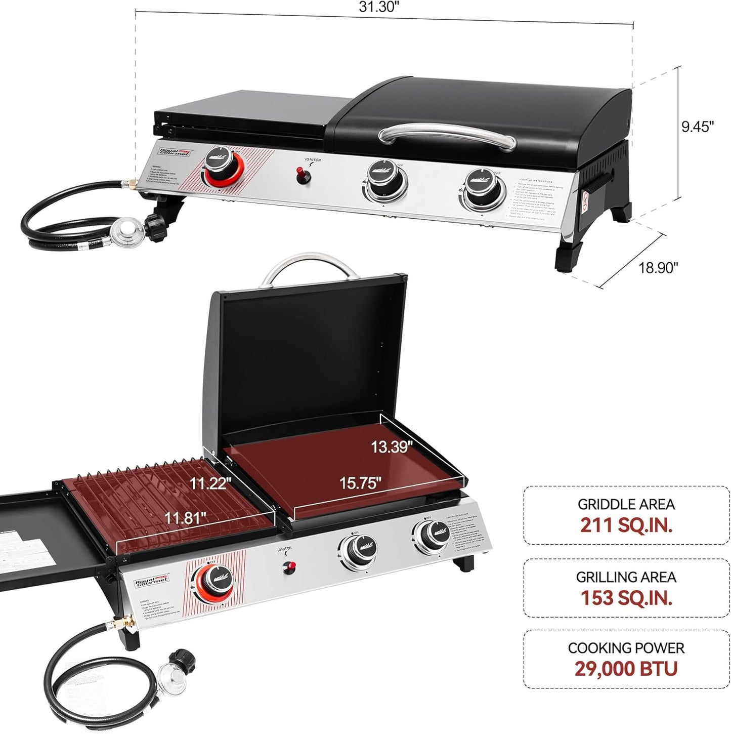 Royal Gourmet PD1305H 3 Burner Propane Gas Grill and Griddle Combo with Lid, 3-in-1 Grill Griddle Combo with 29,000 BTUs Output for Outdoor Cooking, 364 Sq. In. Cooking Area, Silver & Black