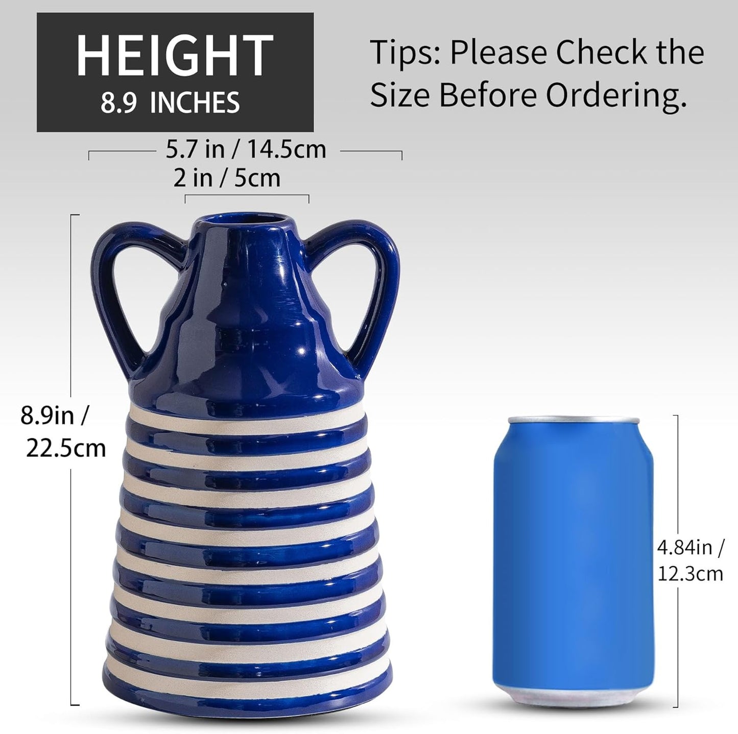 Ceramic Blue and White Checkered Stripes Vase with Handles, Modern Bohemian Floral Navy Blue Vases for Centerpieces, Cottage Core Home Decor, Flower Vases for Bouquet Tabletop Kitchen Bookshelf 8.9 In