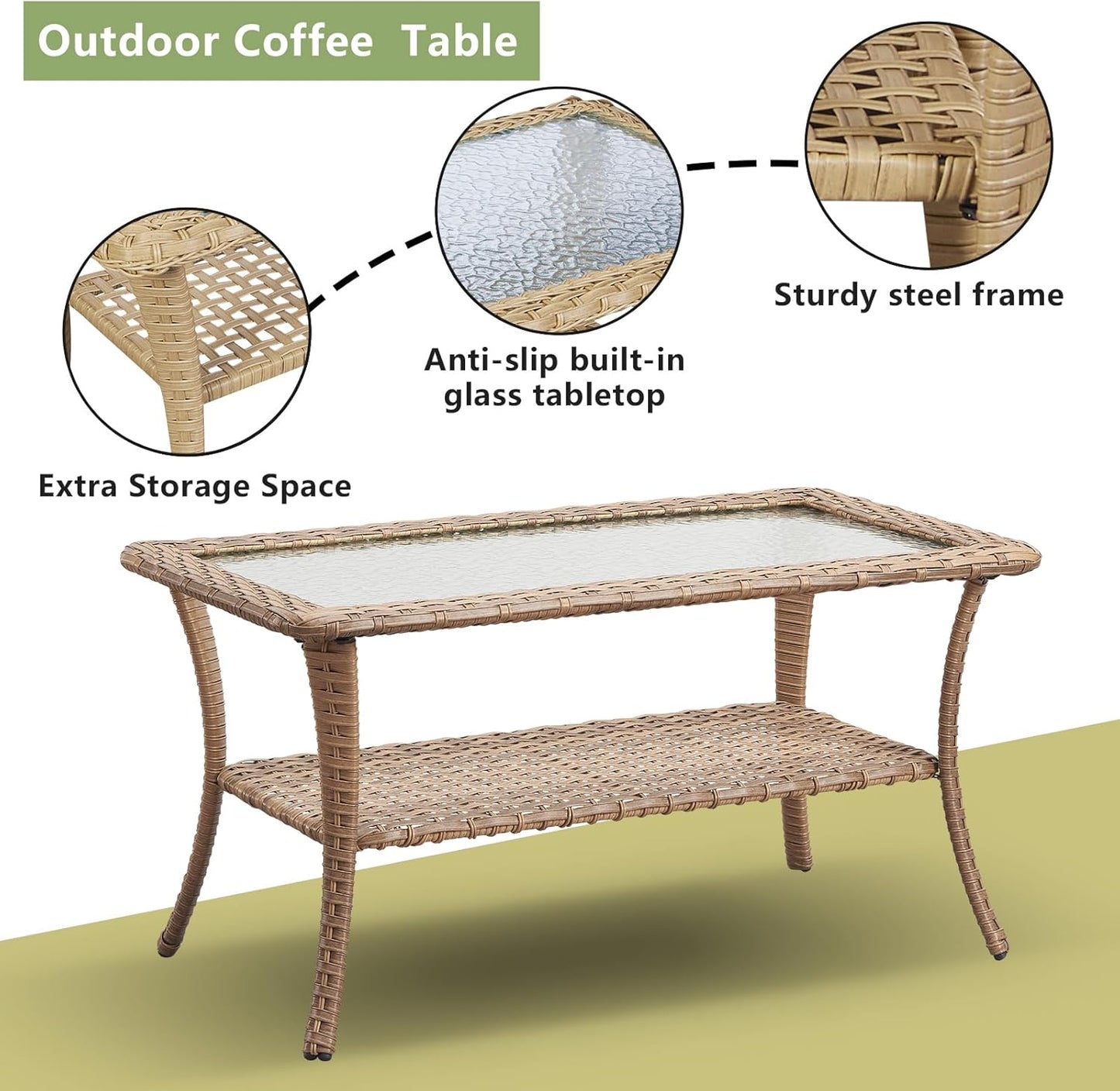 Patio Tables Outdoor Coffee Table - Wicker Rattan Coffee Tables with 2-Tier Storage Shelf Glass Top for Outside Proch Deck Balcony Garden Rectangle Yellow