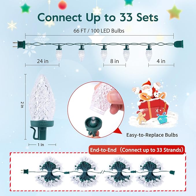 C9 Christmas String Lights White, 66ft 100 LED Faceted Christmas Lights on Green Wire, Large Bulb Strawberry String Lights for House Roof Roofline Christmas Tree Party Outdoor