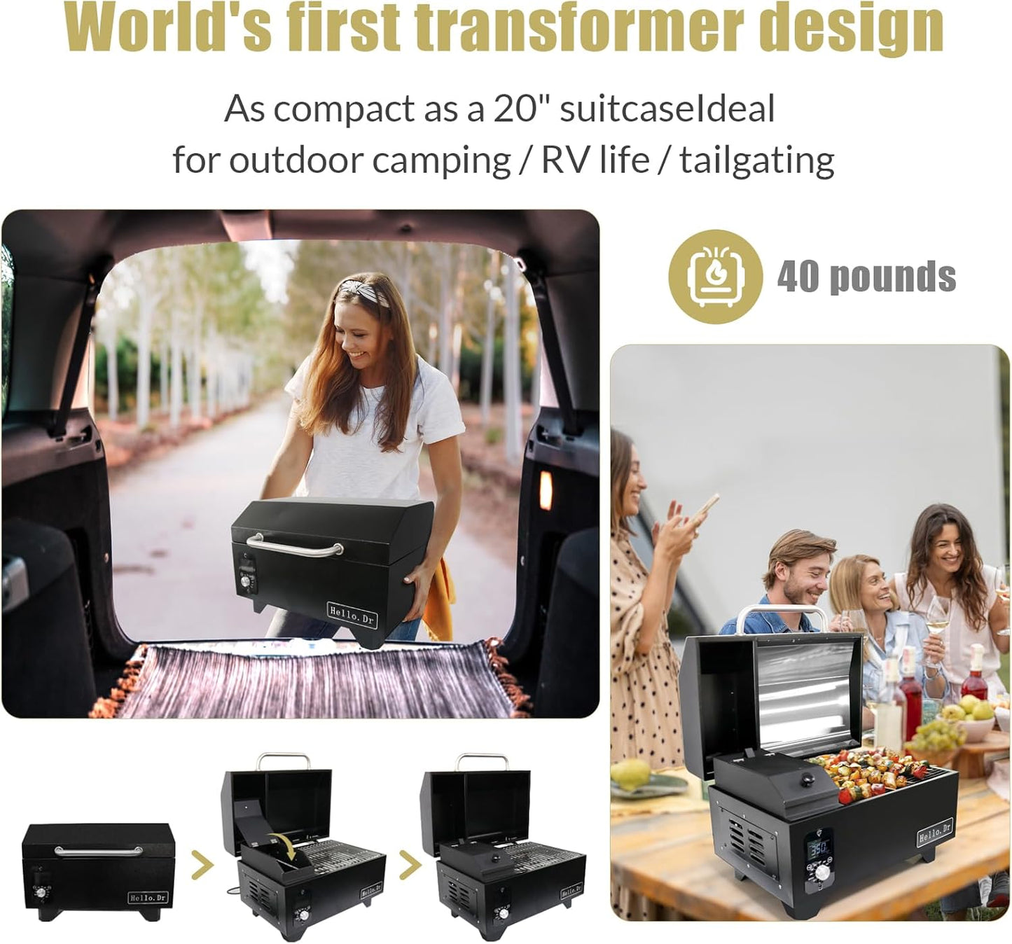 Pellet Grill, Portable Pellet Smoker, Smoker Grill with Digital Control, LED Screen, Meat Probe, Portable pellet Grills for BBQ, Smoke, Bake and Roast, RV Camping，Black