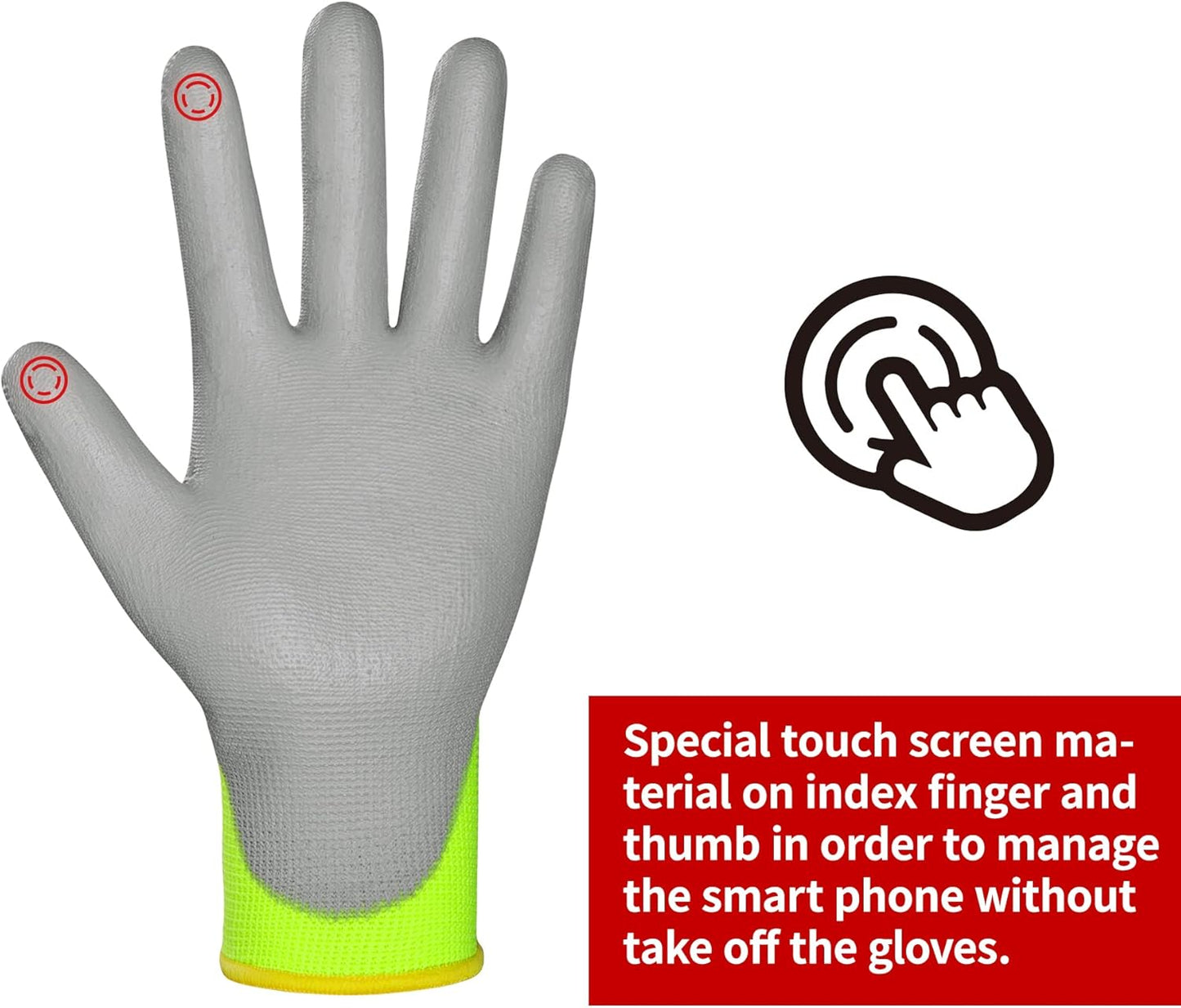 Safety Work Gloves PU Coated for Men and Women-12 Pairs,Hi-Vis Yellow Seamless Knit Glove with Two Fingers Touchscreen,Ideal for General Duty Work (Small)