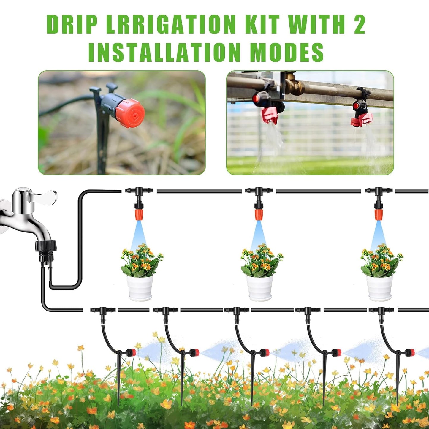 Sasylvia 656 Ft Drip Irrigation Kit 1/4'' Irrigation System Tubing Distribution Hose Greenhouse Garden Watering Misting Drip Kit Automatic Irrigation Equipment for Yard Lawn Patio