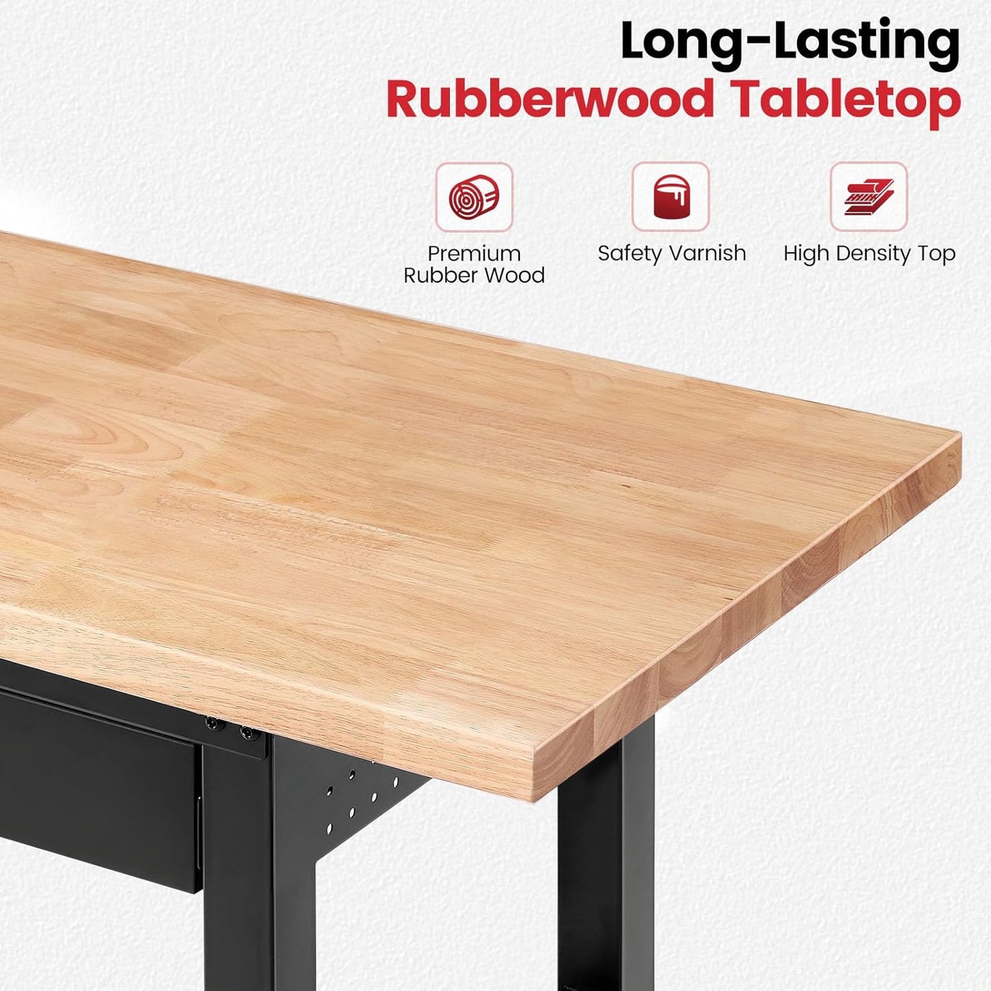 Work Bench for Garage with Shelf Bracket 60 x 22 Inch Heavy Duty Rubberwood Tabletop Work Table Adjustable Height Workbench with Drawer, Power Outlets for Woodworking Shop, Home, Office