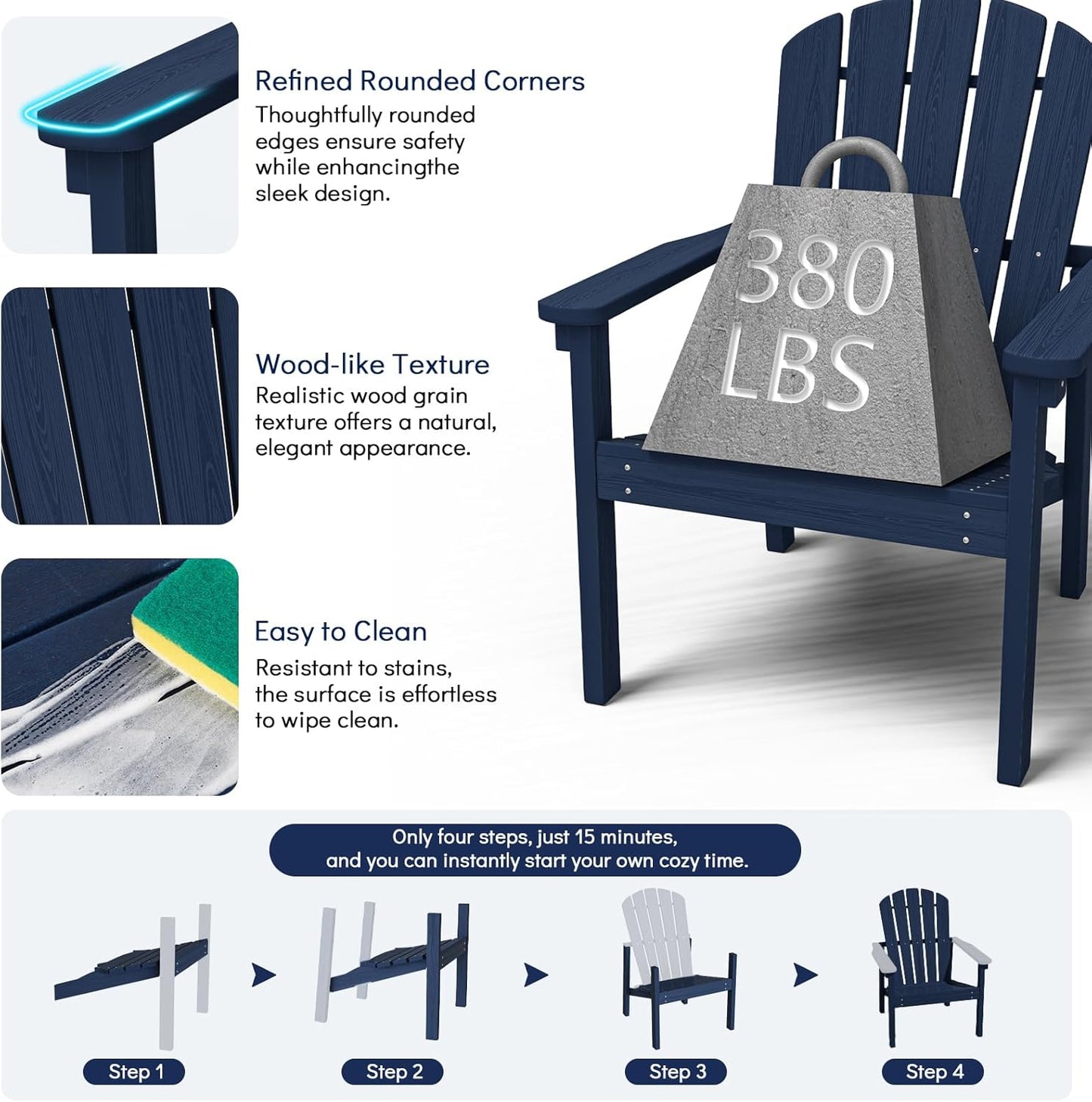 Stackable Adirondack Chair Set of 2, HDPE Outdoor Patio Chair - Durable and Space Saving, Suitable for Porches, Lawns or Garden, Navy