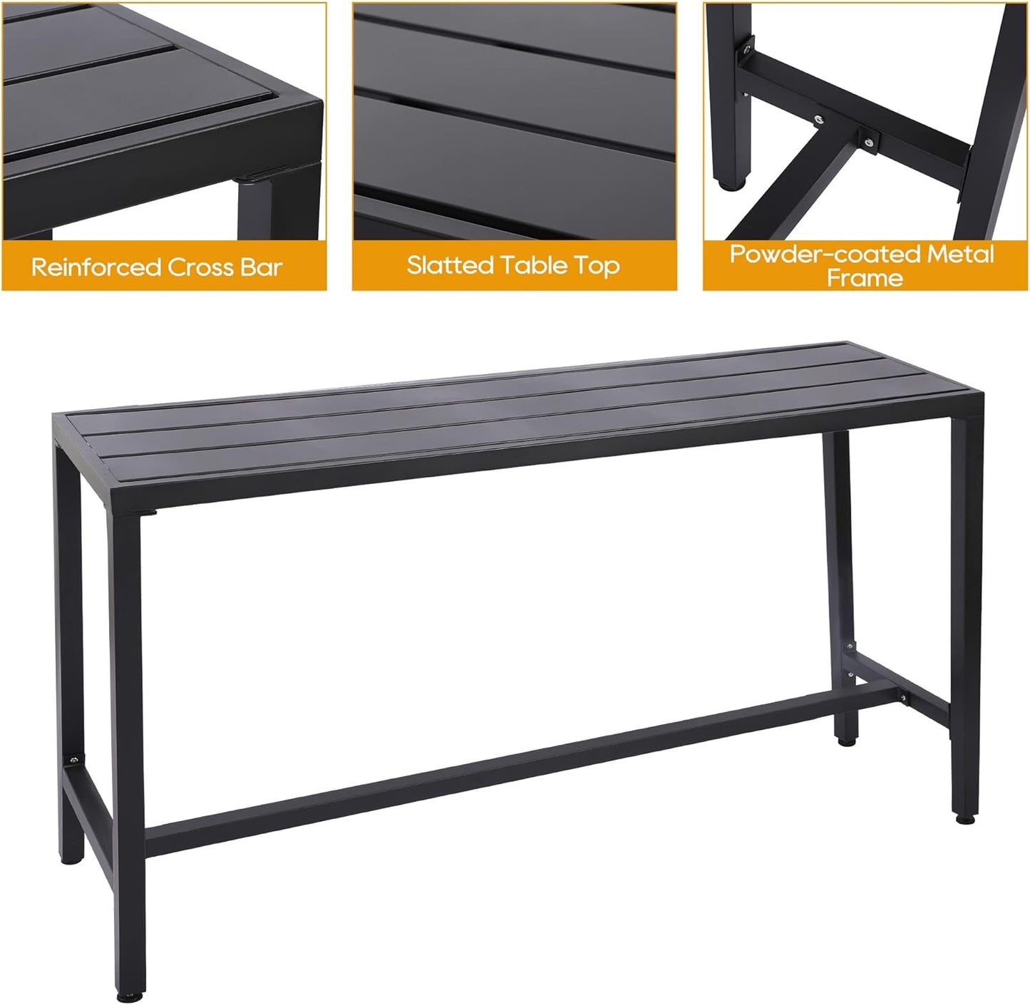 Outdoor Patio Bar Set, Bar Height Patio Dining Set, Weather-Resistant Bistro Counter Pub Set with Cushions & Slatted Tabletop for Backyard, Garden, Yard (63" Table, 6 "I Style Stool, Black)