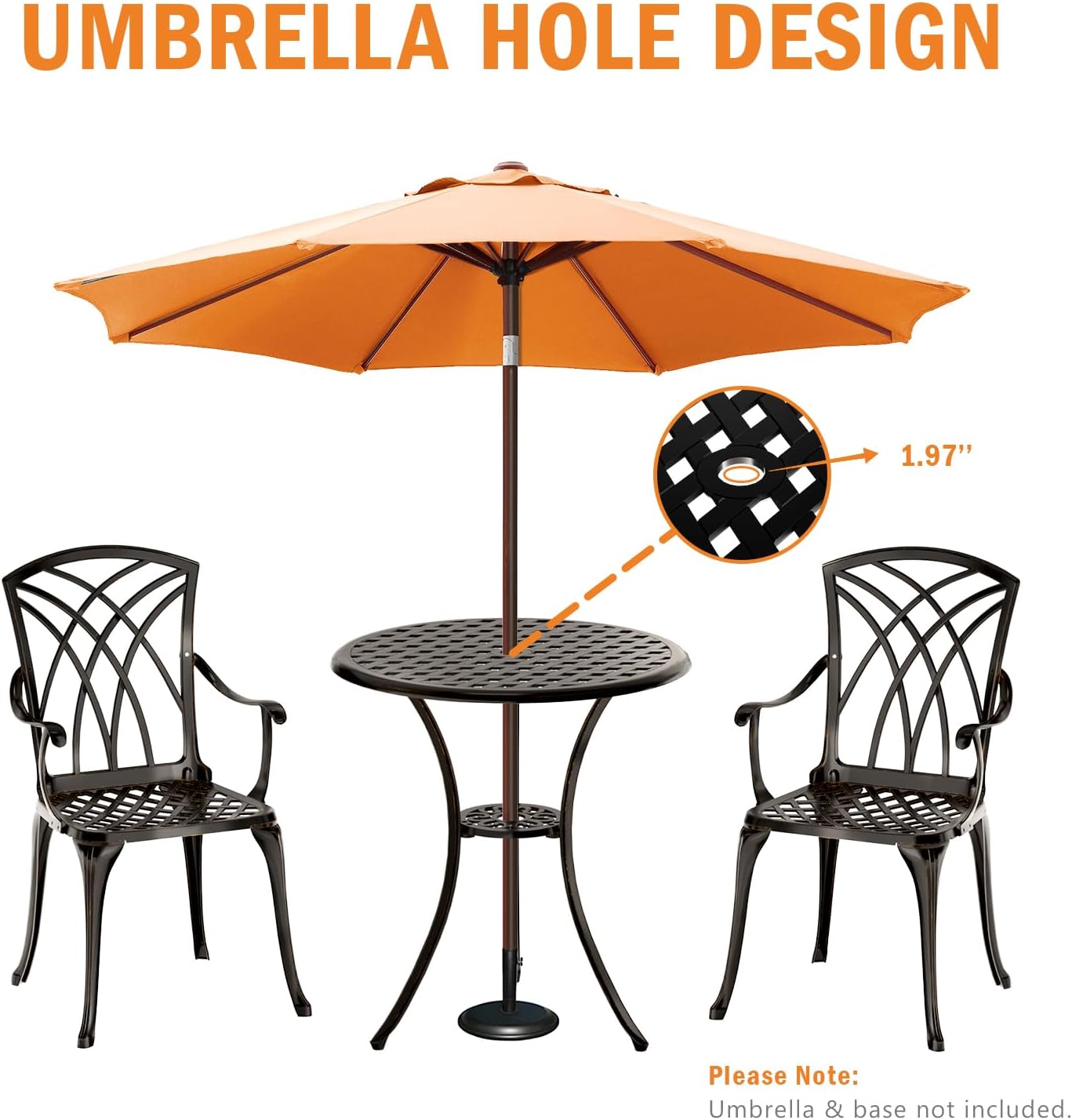 Patio Bistro Set 3 Piece, Cast Aluminum Bistro Set for 2 w/Umbrella Hole, Outdoor Table and Chairs Set of 2, Bistro Set for Balcony/Backyard/Garden, Black