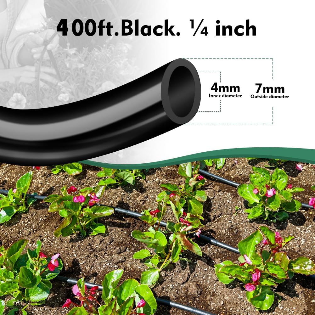 Bonviee 400ft 1/4 inch Drip Irrigation Tubing, Drip Irrigation Hose, Garden Watering Tube Line for Garden Watering System