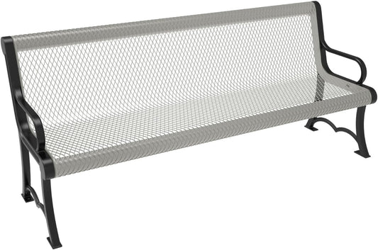 Heavy-Duty Outdoor Bench Thermoplastic Coated, Expanded Metal, Commercial-Grade Garden Bench, Made in America (Portable with Back, 6 Ft, Textured Grey)