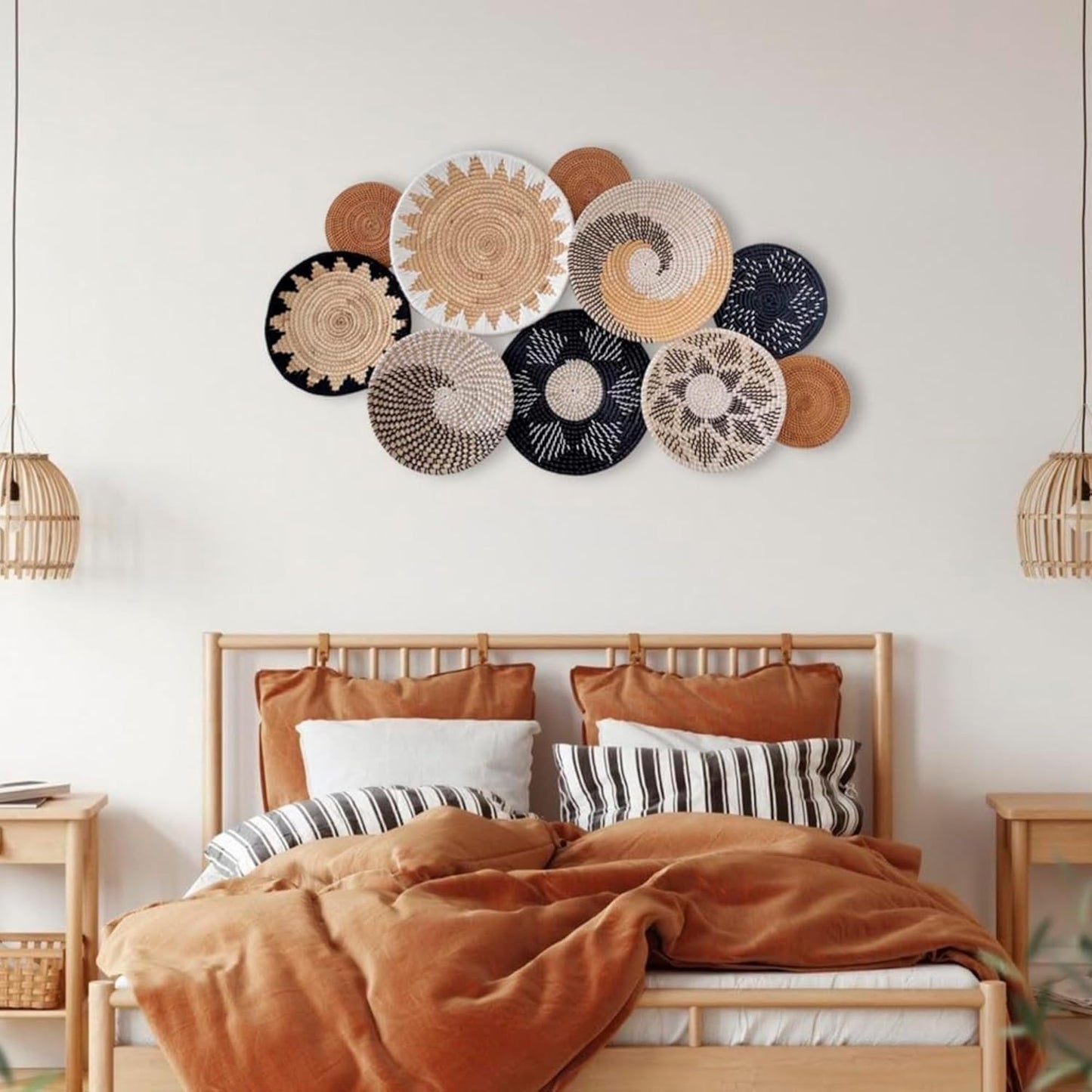 Set of 10 Handcrafted Boho Wall Basket Decor, Wall Hanging Baskets, Decorative Plates for Wall, Handmade from Vietnam Unique Wicker Wall Art Decor