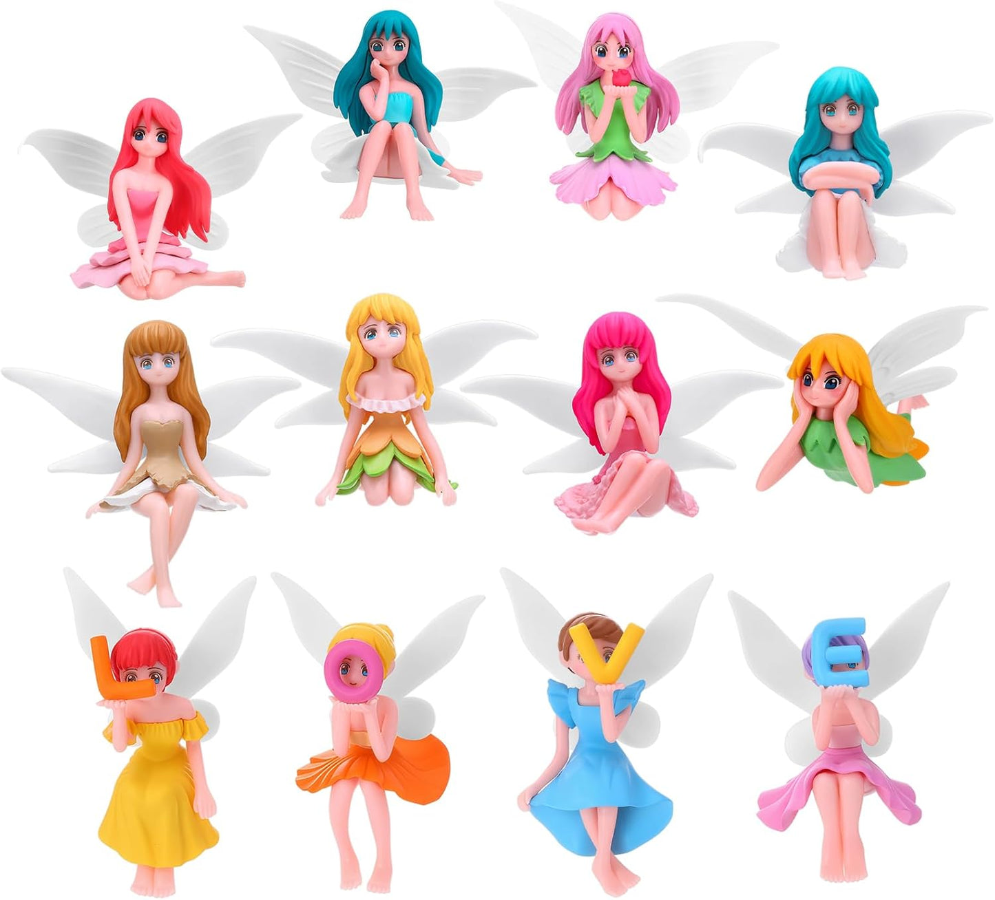 12 Pcs Miniature Fairy Figurines, Hand-Painted Small Flower Fairies with Wings for Garden Decor, Cake Topper & Landscapes