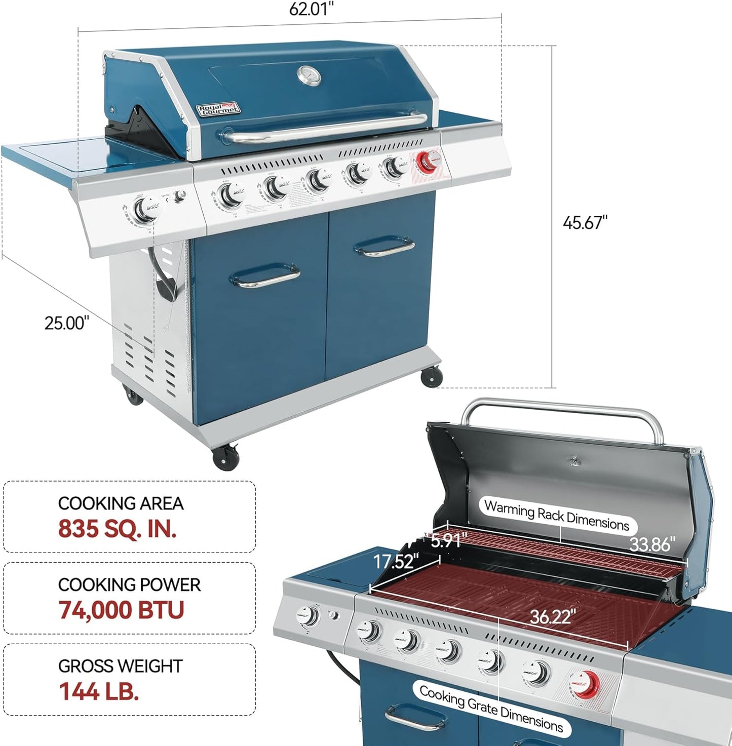 Royal Gourmet GA6402B 6 Burner Propane Gas Grill with Side Burner and Warming Rack, 74,000 BTUs, Cabinet Style Gas BBQ Grill for Barbecue Grilling & Backyard Cooking, Blue