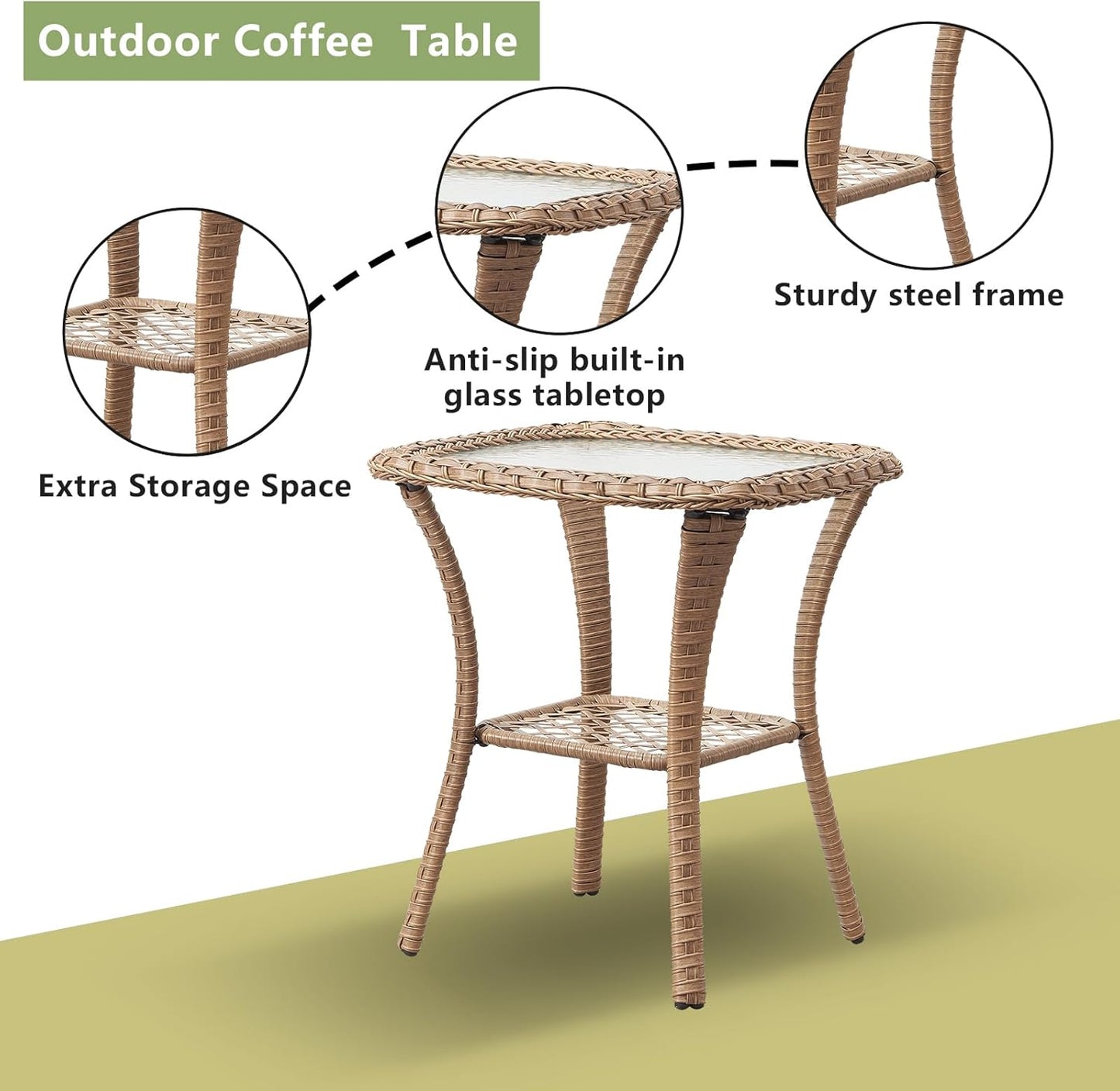 Patio Tables Wicker Side Table - Rattan Coffee Tables with Glass Top End Table for Outdoor Outside Patio Porch Square Yellow