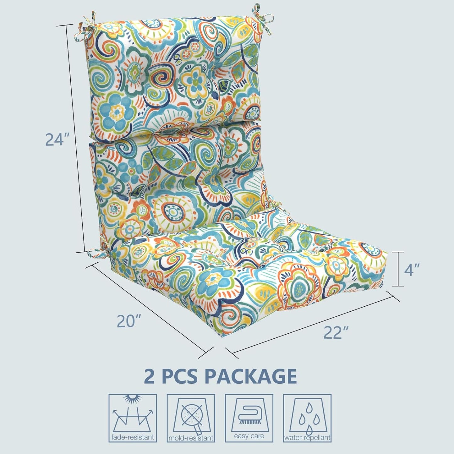 LVTXIII Outdoor Seat/Back Chair Cushion Patio Tufted High Back Cushion, Seasonal Replacement Rocking Chair Cushion with Ties (22” W x 20D”, Set of 2, Flower Blue)