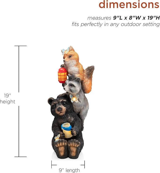 Alpine Corporation 19" Tall Outdoor Solar Powered Animal Friends Statue with LED Lights, Multicolor