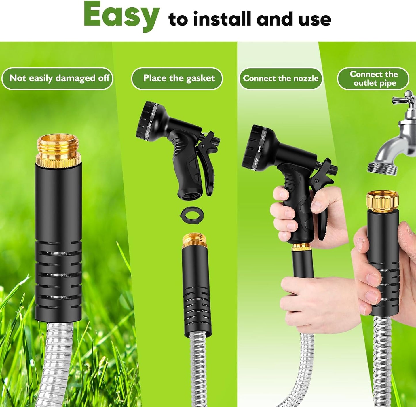 Garden Hose Metal 25FT, Stainless Steel Heavy Duty Water Hose With 10 Function Nozzle, No-Kink, Tough & Flexible, Sturdy and Lightweight, Rust Proof for Yard, Outdoor, RV