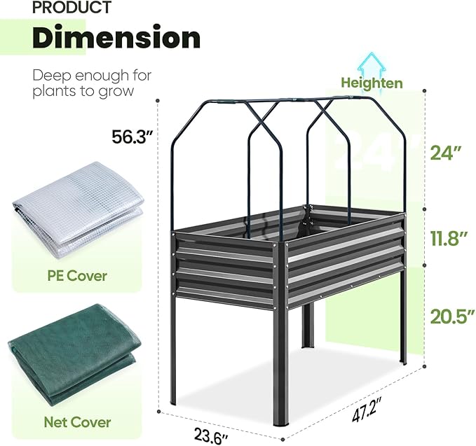 KING BIRD Large Raised Garden Bed with Cover & Netting Galvanized Elevated Planter Box with Legs 48×24×56 in for Backyard, Patio, Balcony, 400lb Capacity, Dark Grey