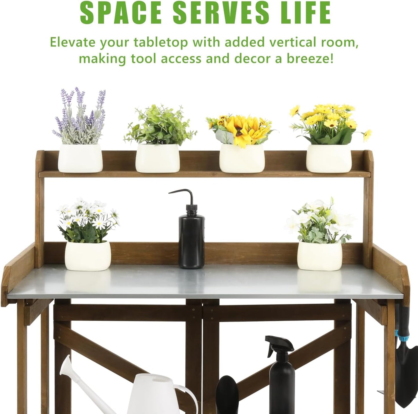 Folding Garden Potting Bench Table，Outdoor Wooden Work Station W/Metal Table Top,2 Tier Open Storage Rack,Top Shelf-Natural Stained