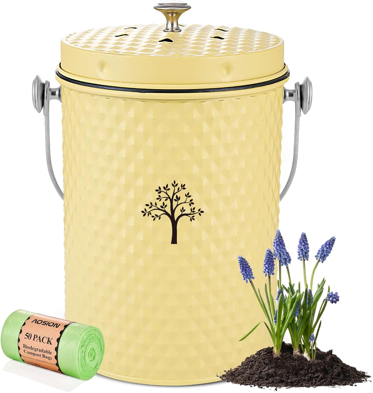 AOSION Countertop Compost Bin Kitchen,Odor Resistant Indoor Compost Bin with Lid and Compost Bags,Compost Bucket Composter Container for Food Waste,Yellow