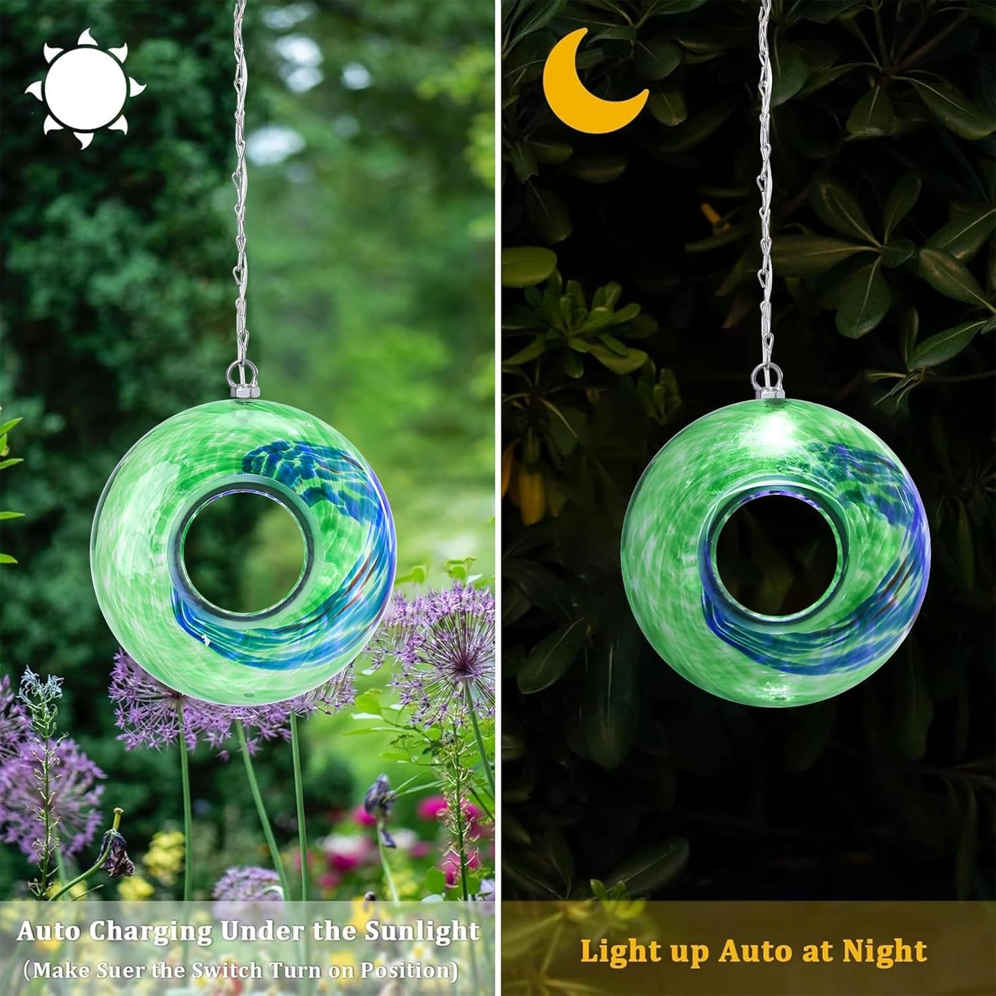 Yinns Glass Bird Feeders, Hanging Fly Through Birds Feeder for Outsiade, Solar Birdfeeder for Garden Decor Bird Lvoers Gifts, 8-Inch（Green）