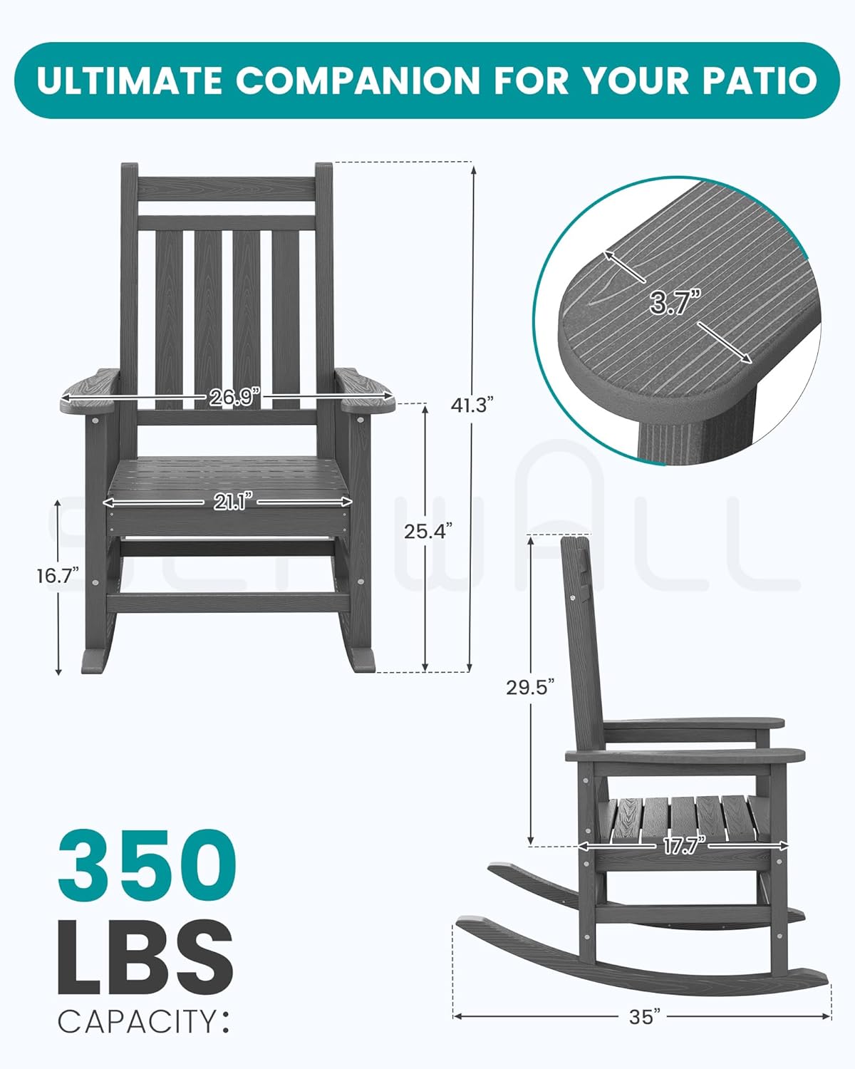 SERWALL HDPE Outdoor Rocking Chair Set of 6, Patio Rocking Chairs for Adults, All Weather Outdoor Rockers for Lawn, Grey