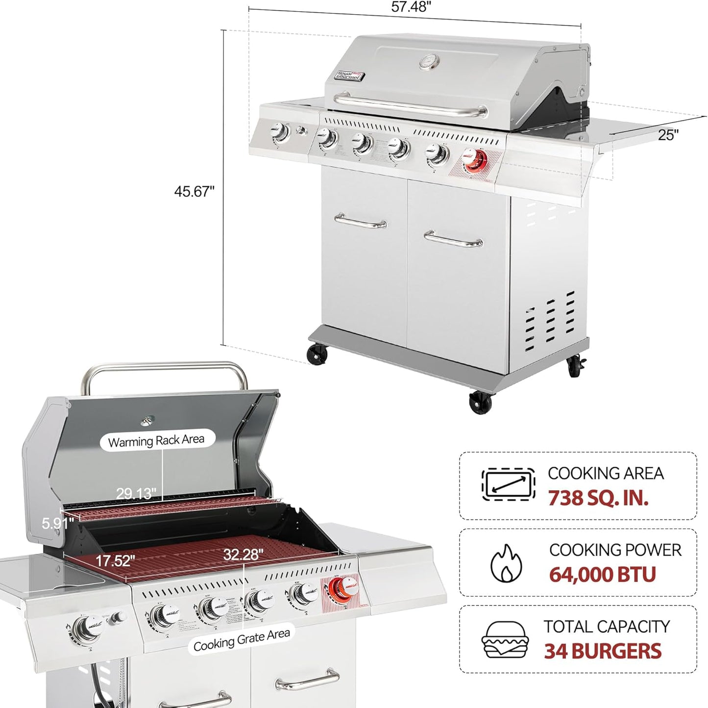 Royal Gourmet 5-Burner Propane Gas Grill with Side Burner, Stainless Steel Barbeque Grills, Silver, GA5404S