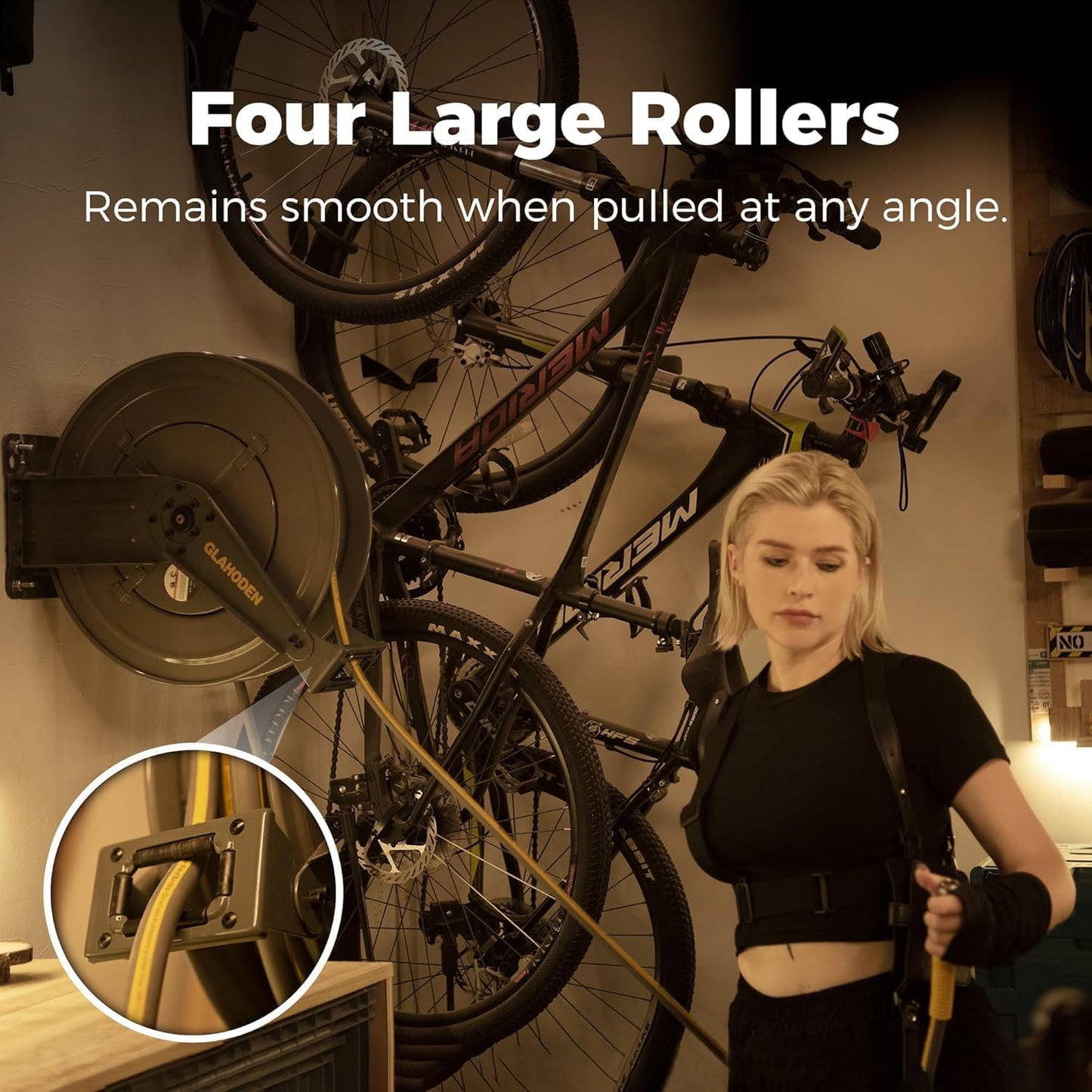 Double Arm Retractable Air Hose Reel, 3/8 in × 65 ft Hybrid Hose Heavy Duty Steel Professional Air Compressor Hose Reel with 5 ft Lead in Max 300PSI Auto Rewind Quick Coupler Swivel Fitting