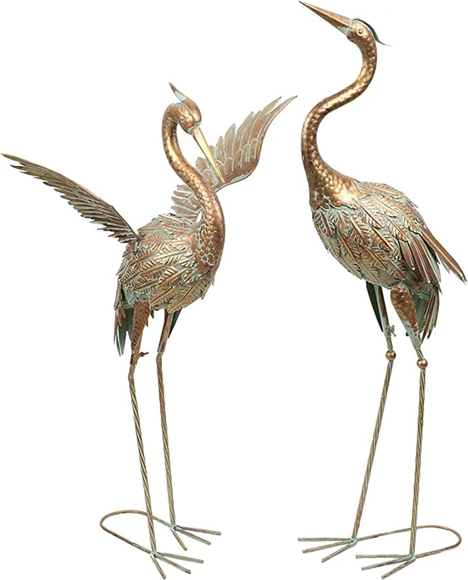 TERESA'S COLLECTIONS Yard Decorations Outdoor Garden Statues, Gold Metal Crane Yard Art, 33-39inch Lawn Ornaments for Backyard, Outside Porch, Patio, Wedding Decor,Set of 2,Spring Decor,Gifts for Mom