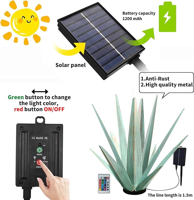 Large Tequila Rustic Sculpture, Rustic Metal Agave Plants for Outdoor Patio Yard, Home Decor Hand Painted Metal Agave Garden Yard Statue, Outdoor Lawn Ornaments (Mint Green - L (W/ Solar Light))