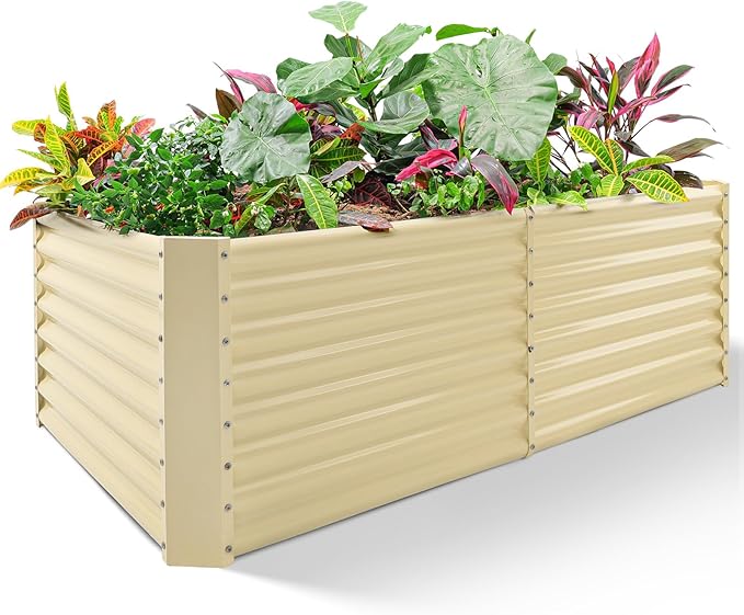 Land Guard 8×4×2ft Galvanized Raised Garden Bed, Planter Boxes Outdoor, Raised Garden Beds Outdoor for Vegetables, Flowers, Herbs, 479 Gallons, Cream Yellow…