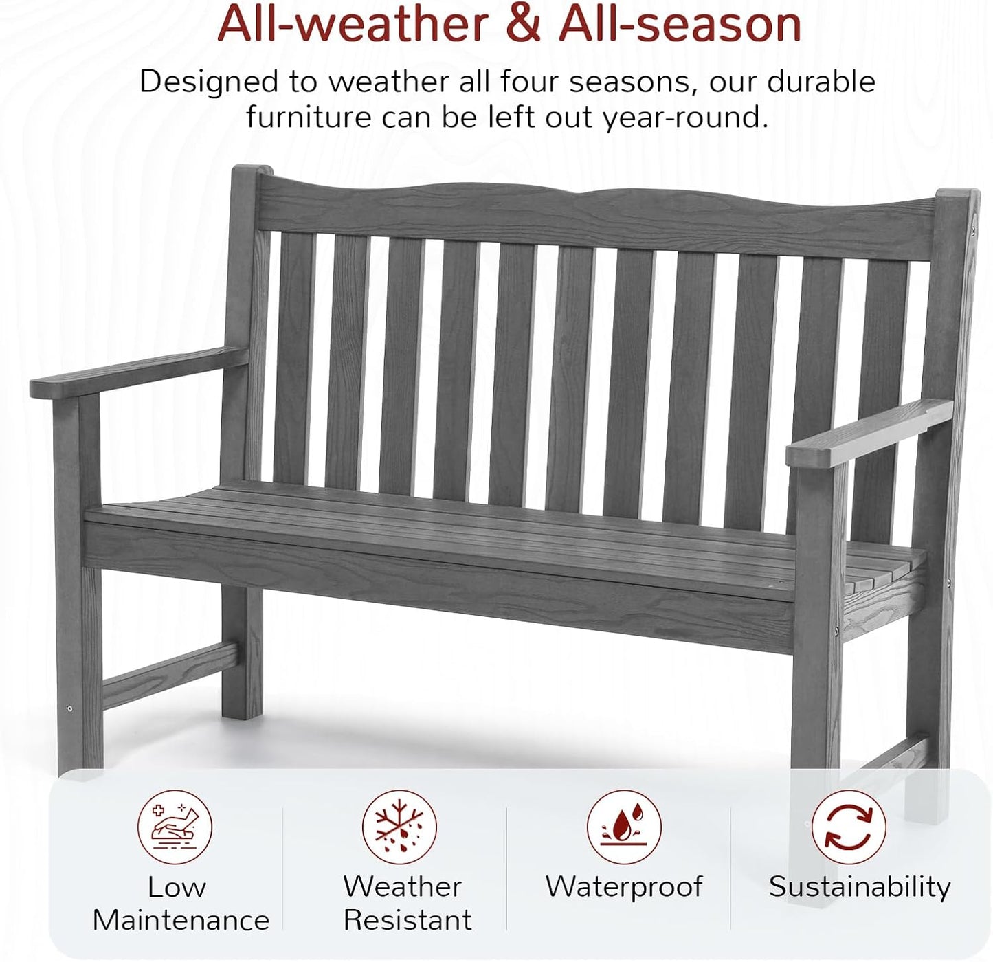 Outdoor Bench, Waterproof Garden Benches Set of 2, Never Rot or Fade, for Garden, Porch, Backyard and Deck, Grey