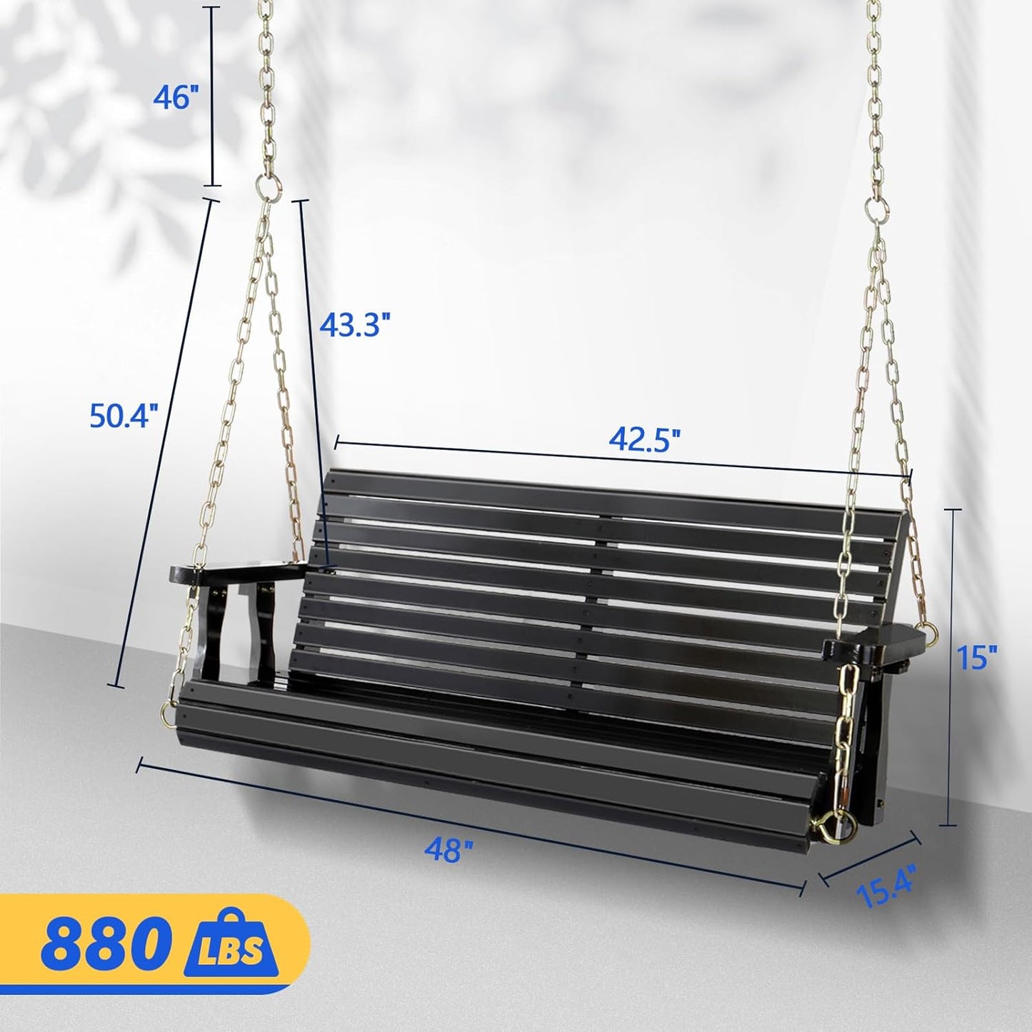 VINGLI Upgraded Patio Wooden Porch Swing for Courtyard & Garden, Heavy Duty 880 LBS Swing Chair Bench with Hanging Chains for Outdoors (Black, 4 FT)