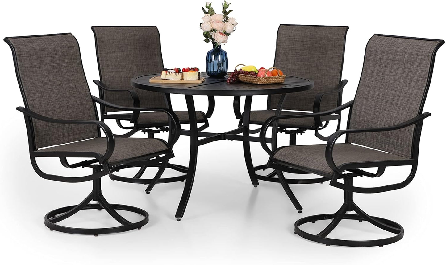 PHI VILLA Patio Dining Set 5 Piece, 4 Breathable Textilene Swivel Patio Chairs and 1 Round Metal Table with 1.57" Umbrella Hole, All Weather Resistant for Lawn Garden