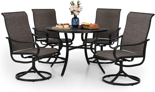 PHI VILLA Patio Dining Set 5 Piece, 4 Breathable Textilene Swivel Patio Chairs and 1 Round Metal Table with 1.57" Umbrella Hole, All Weather Resistant for Lawn Garden