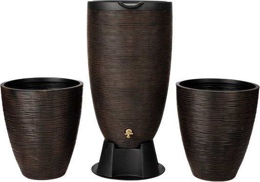 Newport 50‑Gallon Flat‑Back Rain Barrel with Stand & Planter Bundle – Bronze | Removable Lid, UV-Stabilized Outdoor Water Storage