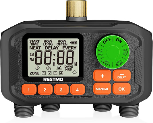 RESTMO 4 Zone Sprinkler Timer with Brass Inlet, Programmable Water Timer for Garden Hose, Automatic Control | Manual ON/Off | Rain Delay for Outdoor Faucet, Drip Irrigation and Lawn Watering System
